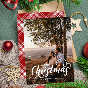Modern Merry Kerstfamilie Foto naam Tartan Feestdagenkaart