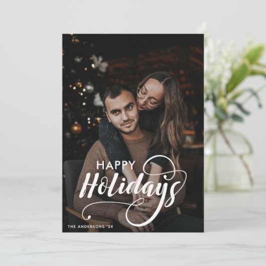 Modern Merry Kerstfamilie Foto naam Tartan Feestdagenkaart (Staand voorkant)