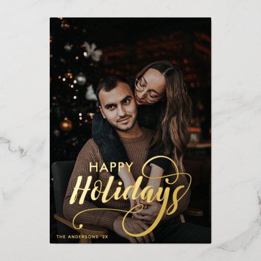 Modern Merry Kerstfamilie Foto naam Tartan Folie Feestdagenkaart (Voorkant)