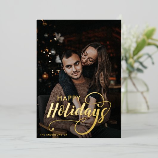 Modern Merry Kerstfamilie Foto naam Tartan Folie Feestdagenkaart (Staand Voorkant)