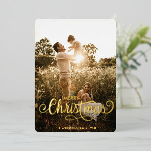 Modern Merry Kerstfamilie Foto naam Tartan Folie Feestdagenkaart