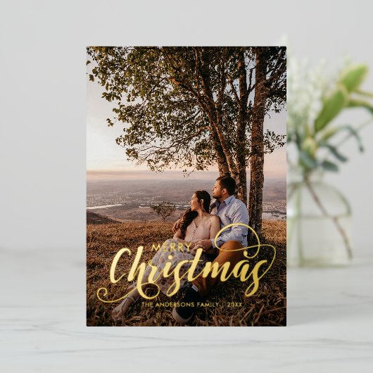 Modern Merry Kerstfamilie Foto naam Tartan Folie Feestdagenkaart (Staand Voorkant)