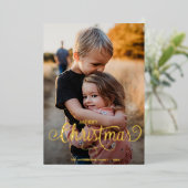 Modern Merry Kerstfamilie Foto naam Tartan Folie Feestdagenkaart (Staand Voorkant)