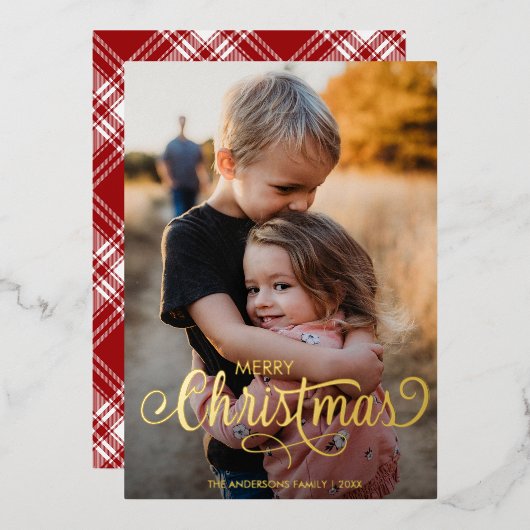 Modern Merry Kerstfamilie Foto naam Tartan Folie Feestdagenkaart (Voorkant / Achterkant)
