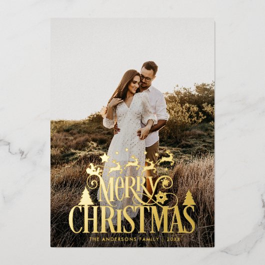Modern Merry Kerstfamilie Foto naam Tartan Folie Feestdagenkaart (Voorkant)