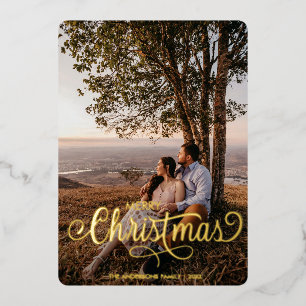 Modern Merry Kerstfamilie Foto naam Tartan Folie Feestdagenkaart