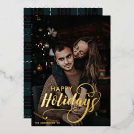 Modern Merry Kerstfamilie Foto naam Tartan Folie Feestdagenkaart