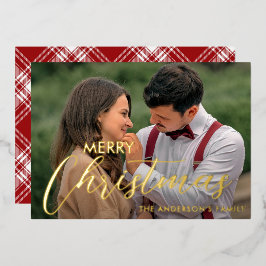 Modern Merry Kerstfamilie Foto naam Tartan Folie Feestdagenkaart