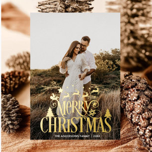 Modern Merry Kerstfamilie Foto naam Tartan Folie Feestdagenkaart