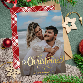 Modern Merry Kerstfamilie Foto naam Tartan Folie Feestdagenkaart