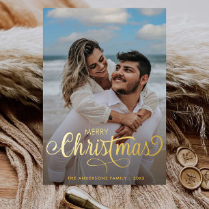 Modern Merry Kerstfamilie Foto naam Tartan Folie Feestdagenkaart