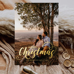 Modern Merry Kerstfamilie Foto naam Tartan Folie Feestdagenkaart