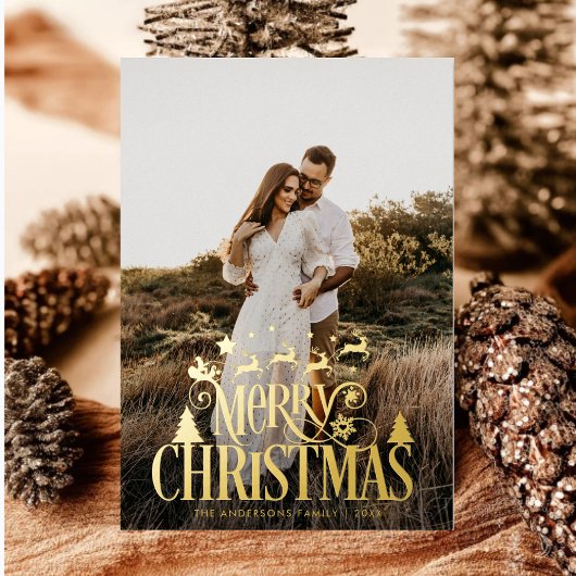 Modern Merry Kerstfamilie Foto naam Tartan Folie Feestdagenkaart