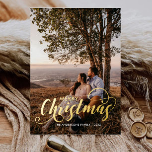Modern Merry Kerstfamilie Foto naam Tartan Folie Feestdagenkaart