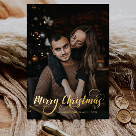 Modern Merry Kerstfamilie Foto naam Tartan Folie Feestdagenkaart