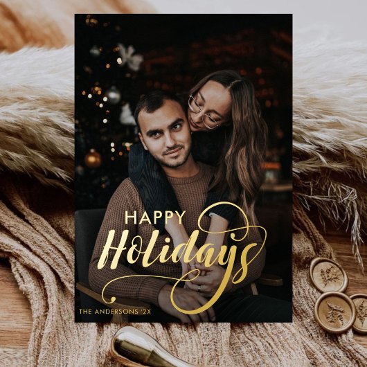 Modern Merry Kerstfamilie Foto naam Tartan Folie Feestdagenkaart