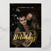 Modern Merry Kerstfamilie Foto naam Tartan Folie Feestdagenkaart (Voorkant)