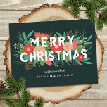 Modern Merry kerstgebold Floral Familienaam Feestdagenkaart<br><div class="desc">Verstuur deze vakantietijd met deze kleurrijke kerstbriefkaarten. Ze bevatten verschillende bloem- en winterelementen (dennen, bladeren, bloemen, bessen, knoppen, pinecones en sprigs) in een kleurenschema van rood sinaasappel, perziken, koraal, aqua, blauwgroen, groen, bruin en kalkgroen. Moderne typografie: "MERRY CHRISTMAS" in wit. De achtergrondkleur is een diep groen, maar het kan aan...</div>