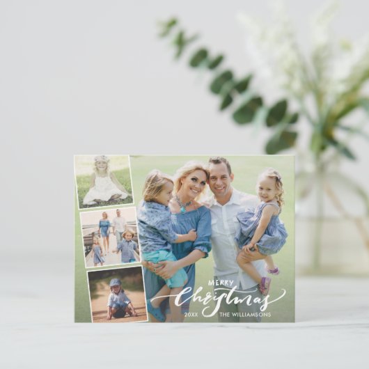 Modern Merry Kersthand Lettered Photo Collage Briefkaart (Staand voorkant)