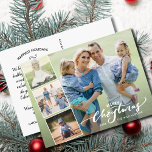 Modern Merry Kersthand Lettered Photo Collage Briefkaart<br><div class="desc">Viel het seizoen met dit leuke briefkaart met vier foto's en de handgeschreven woorden "Vrolijk kerstfeest" aan de voorkant en je aangepaste notitie aan de achterkant. Of, als u zou willen, schrap de getypte nota op de rug en schrijf individueel elk briefkaart met de hand. Voeg je adres toe voor...</div>