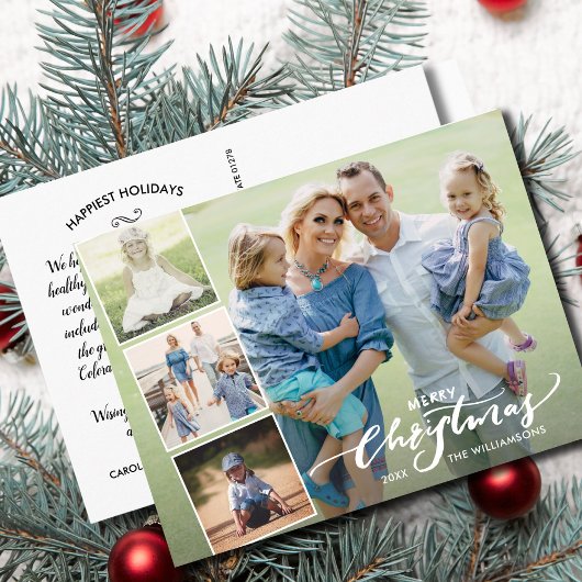Modern Merry Kersthand Lettered Photo Collage Briefkaart