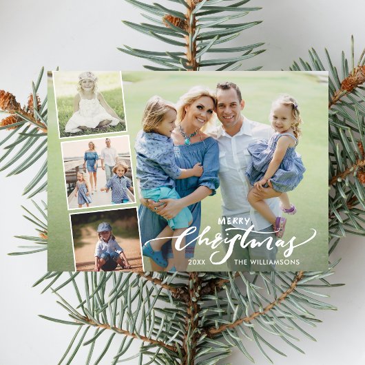 Modern Merry Kersthand Lettered Photo Collage Feestdagenkaart