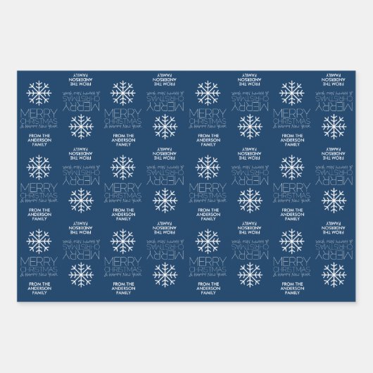 Modern Merry Kerstmis en HNY Familienaam Inpakpapier Vel (Voorkant)