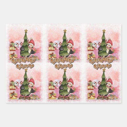 Modern Merry Kerstmis Pute Penguin Pattern Inpakpapier Vel (Voorkant 2)