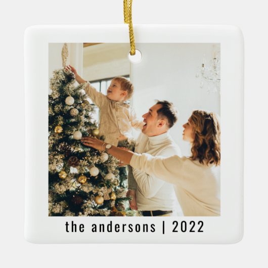 Modern Merry Kerstmis | Twee foto's keramisch orna Keramisch Ornament (Voorkant)