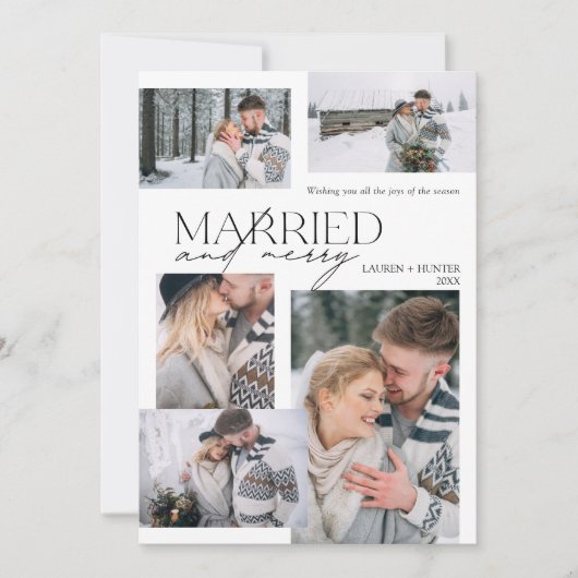 Modern Merry & Married 5 Foto Pas getrouwd Feestdagenkaart (Voorkant)