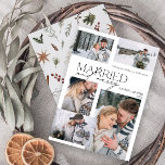 Modern Merry & Married 5 Foto Pas getrouwd Feestdagenkaart<br><div class="desc">Introductie van onze prachtige nieuwe Modern Merry & Married 5 Photo Pas getrouwd Holiday Kaart: een modern design met elegante typografie en vijf gekoesterde trouwfoto's, in klassiek zwart-wit. Het minimalistische front wordt aangevuld met een warm, feestelijk waterverf botanisch patroon op de rug, met dennengroen, eucalyptus, dennenappels, kaneel en bessen. Perfect...</div>