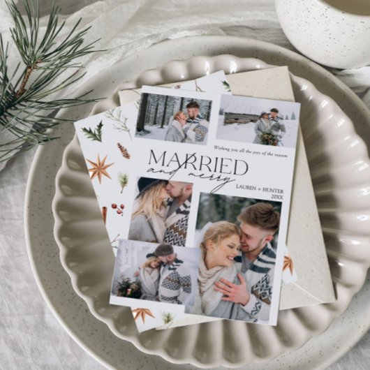 Modern Merry & Married 5 Foto Pas getrouwd Feestdagenkaart