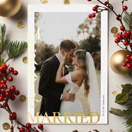 Modern Merry Married Photos Gold Script Folie Feestdagenkaart