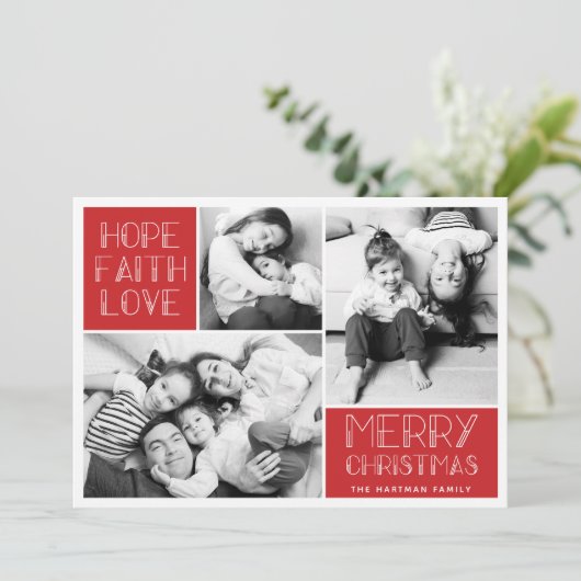 Modern Merry Photo Collage | Rood | Feestdagenkaart (Staand voorkant)