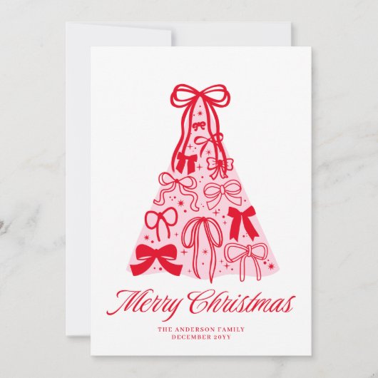 Modern Merry Pink Red Bow Tree Flat Holiday Kaart (Voorkant)