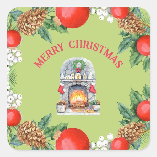 Modern Merry Red Green Fireplace Wreath Vierkante Sticker (Voorkant)