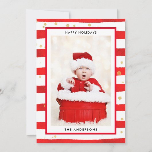 Modern Merry Red Stripe Foto Feestdagenkaart (Voorkant)