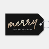 Modern Merry Script Zwart en Goud Vakantie Cadeaulabel (Voorkant (Horizontaal))