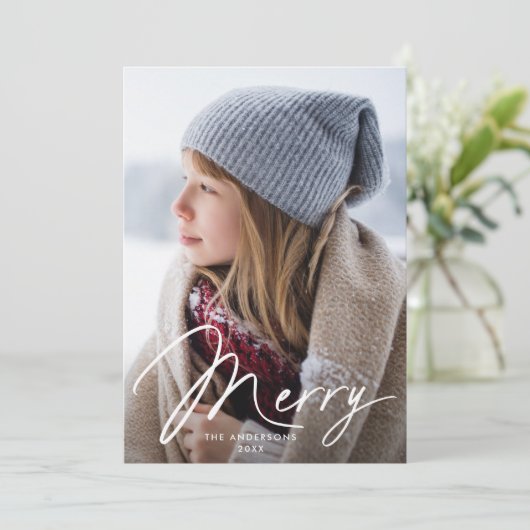 Modern Merry Signature Script Gingerbread Foto Feestdagenkaart (Staand voorkant)