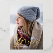 Modern Merry Signature Script Groene Foto Folie Feestdagenkaart (Voorkant)