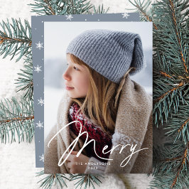 Modern Merry Signature Script Icy Blue Foto Feestdagenkaart