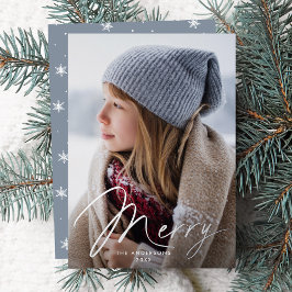 Modern Merry Signature Script Icy Blue Foto Folie Feestdagenkaart