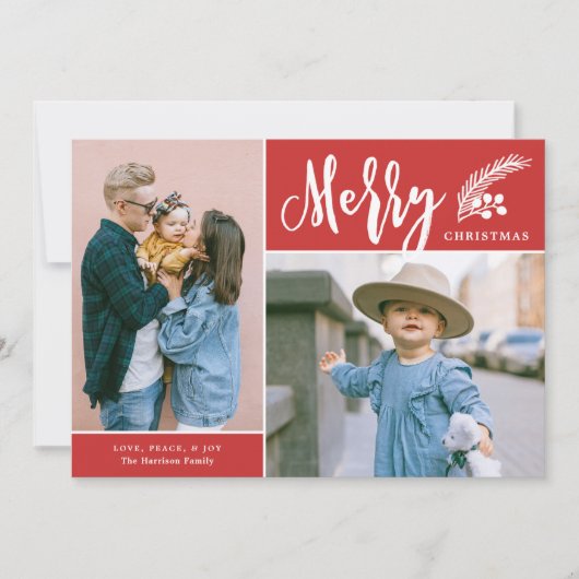 Modern Merry Two Photo Kerstmis Red Holiday Card Feestdagenkaart (Voorkant)