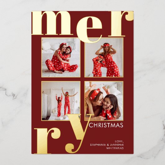 Modern Merry Typography Photo Collage Burgundy Folie Feestdagenkaart (Voorkant)