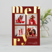 Modern Merry Typography Photo Collage Burgundy Folie Feestdagenkaart (Staand Voorkant)