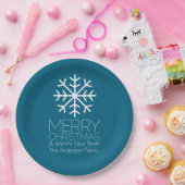 Modern Merry Winter Snowflake - blue Papieren Bordje (Feest)