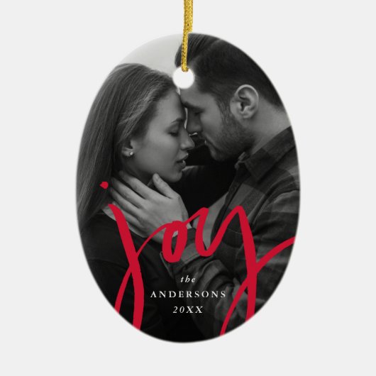 Modern met handschrift Joy Red Photo Holiday Keramisch Ornament (Voorkant)