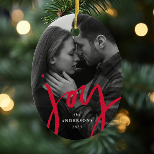 Modern met handschrift Joy Red Photo Holiday Keramisch Ornament
