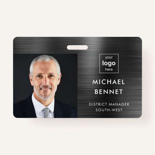 Modern Metallic Black Company Foto ID Badge (Voorkant)