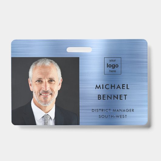Modern Metallic Blue Company Foto ID Badge (Voorzijde)